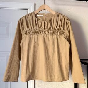 JEANA SOHN tan cotton ruched long sleeve boxy cropped shirt blouse top
